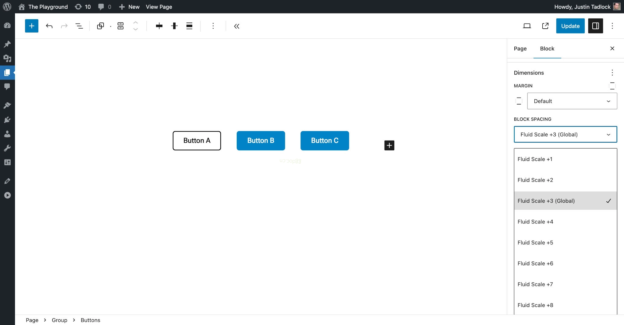 间距 Three buttons in the post editor. In the sidebar, the Block Spacing dropdown is shown.