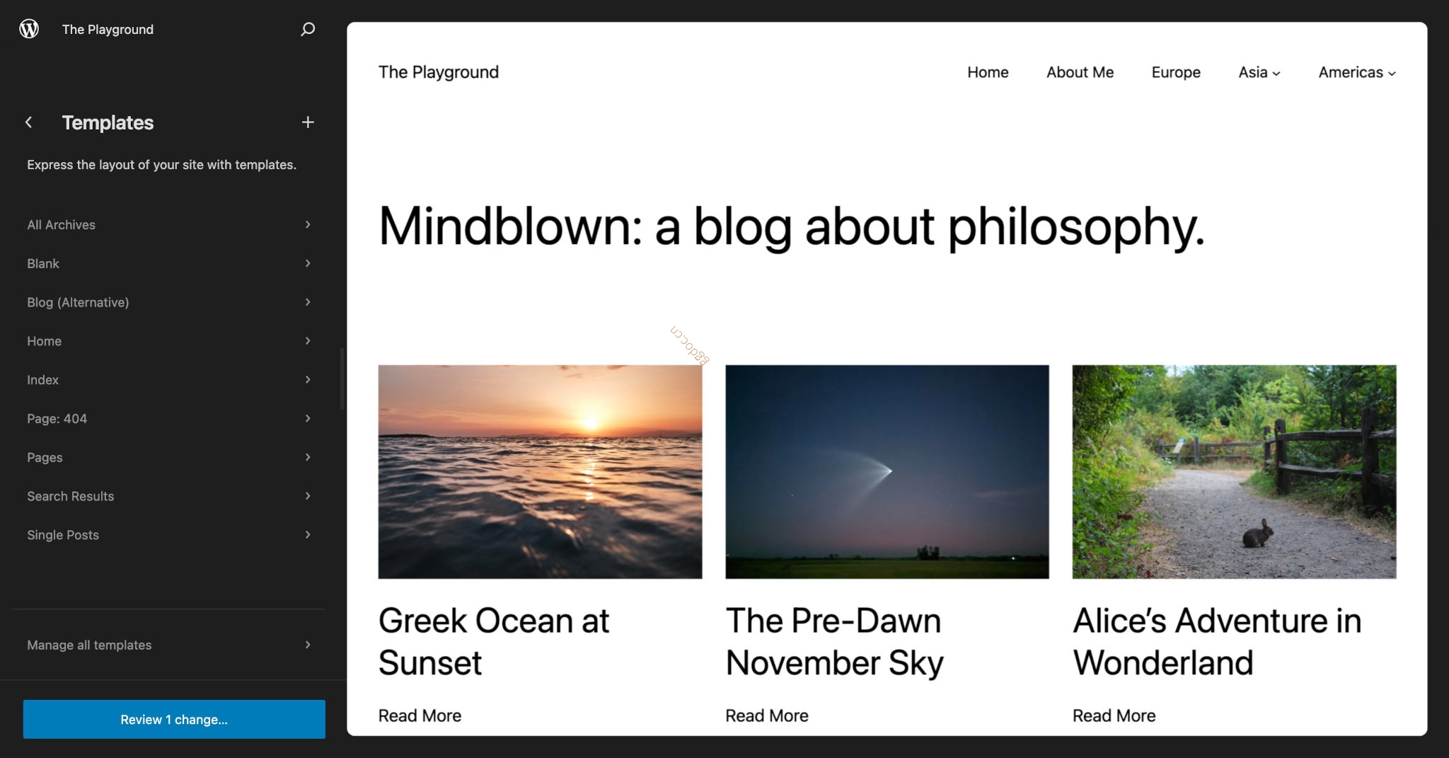 模板 站点编辑器中的 WordPress 模板界面,左侧显示模板选项,右侧显示预览面板。