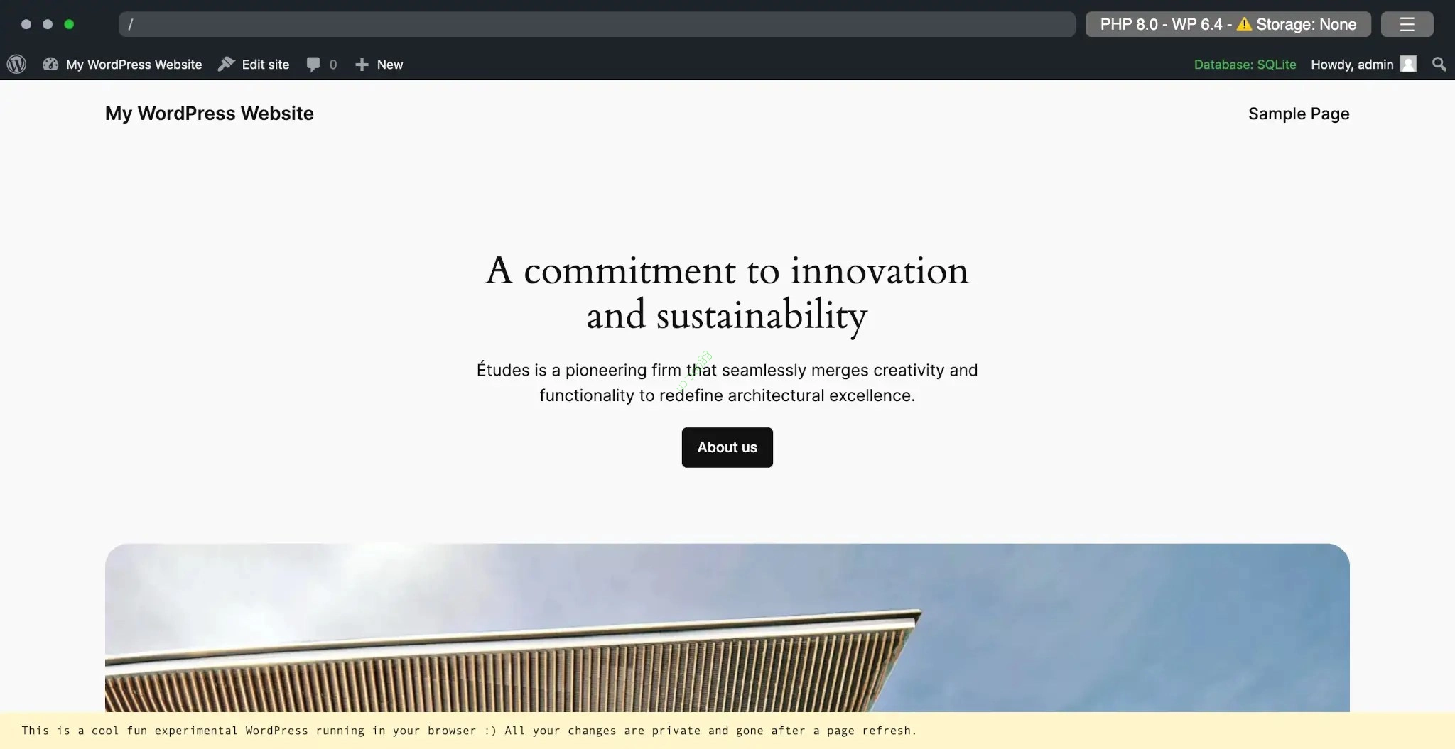 WordPress Playground 默认设置的截图，显示 Twenty Twenty-Four 主题的首页。顶部有一个用于管理设置的栏。