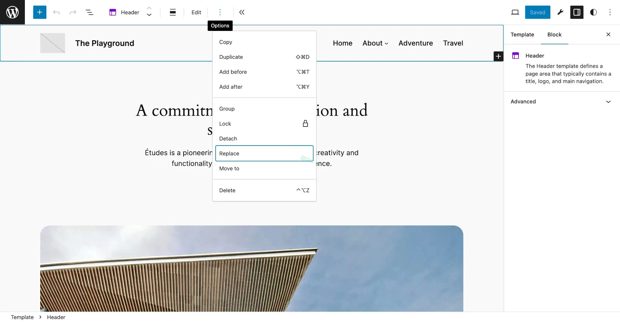 块类型模式 在 WordPress 站点编辑器中,内容区域中选中标题模板部分。选项下拉菜单突出显示“替换”项。