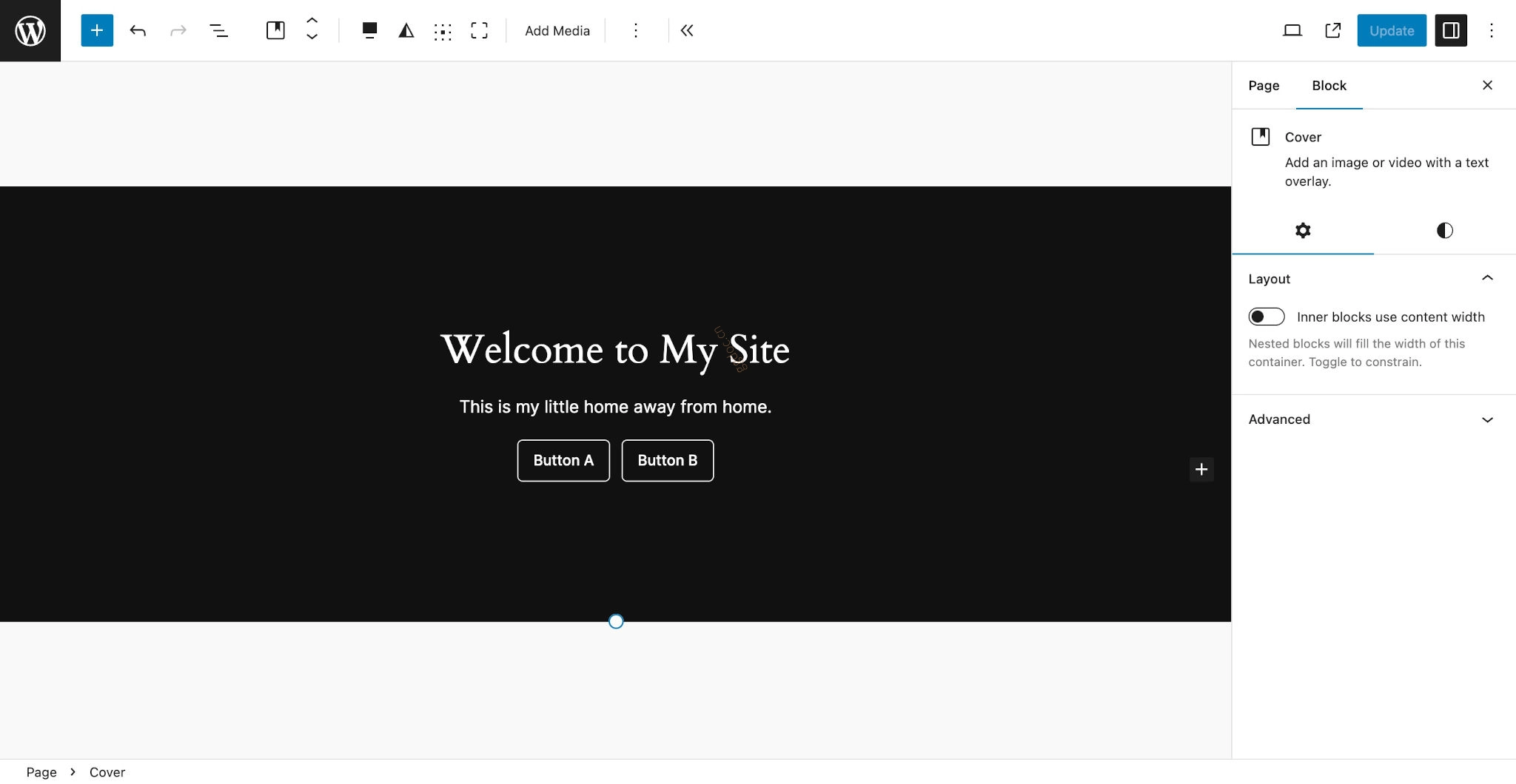 在模式中使用PHP WordPress 文章编辑器,背景为黑色,上面有白色文字“欢迎来到我的网站”。该内容被包裹在 Cover 块中。