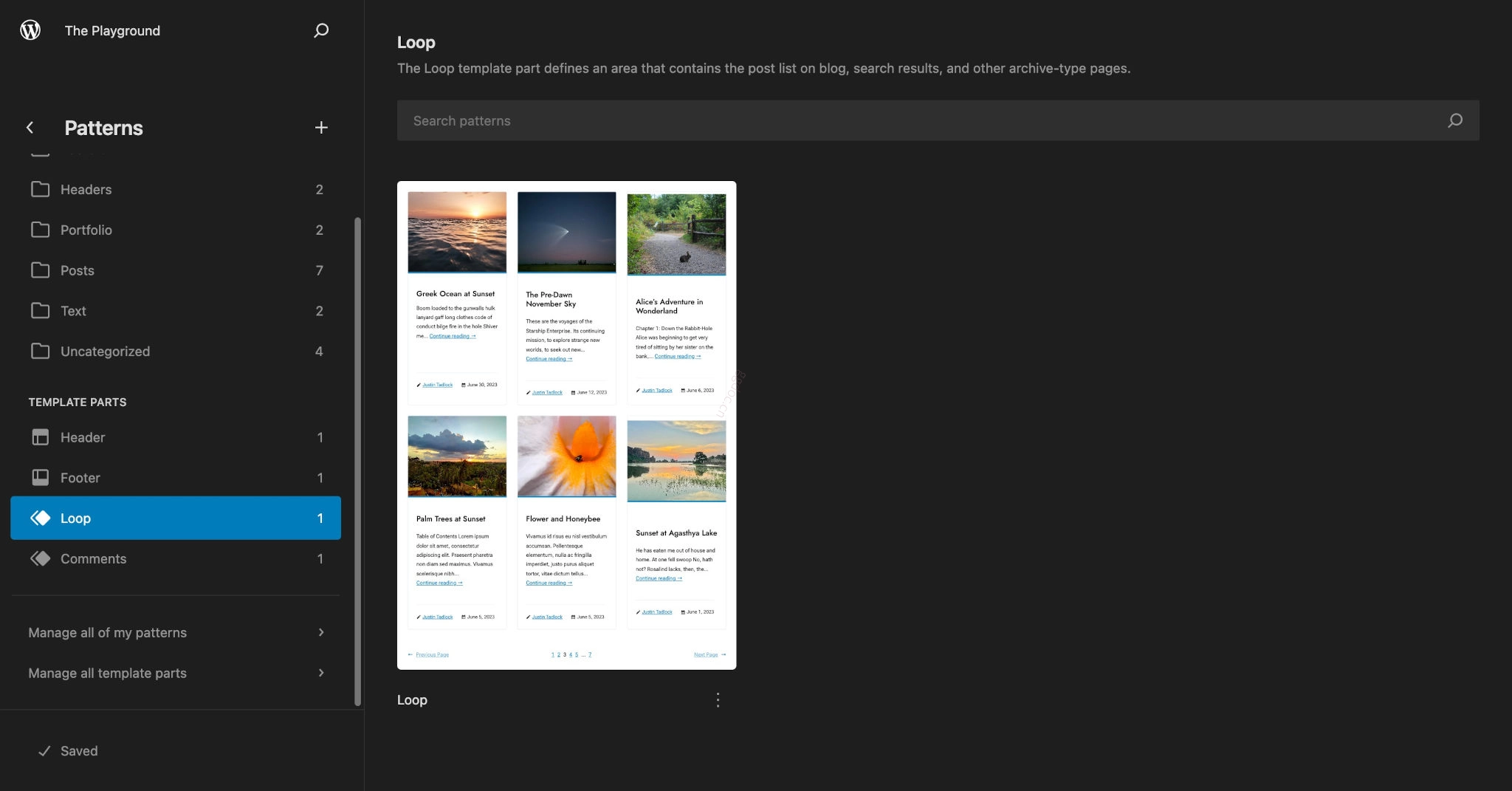模板组件 WordPress 站点编辑器中的图案库中的模板部分部分。选择了自定义 Loop 模板部分区域。