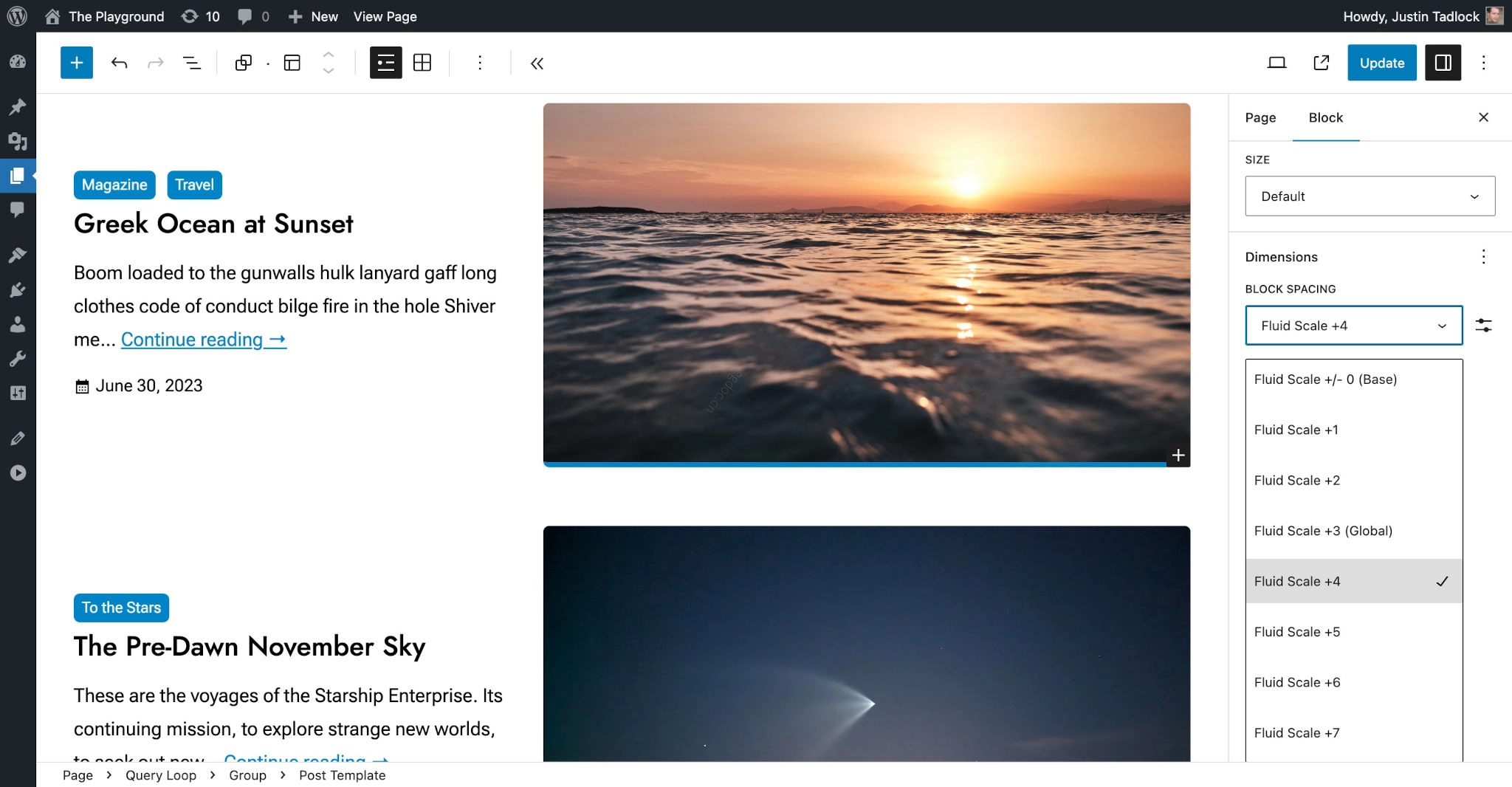 间距 WordPress editor with a Query Loop block. In the sidebar, the Block Spacing dropdown is open.