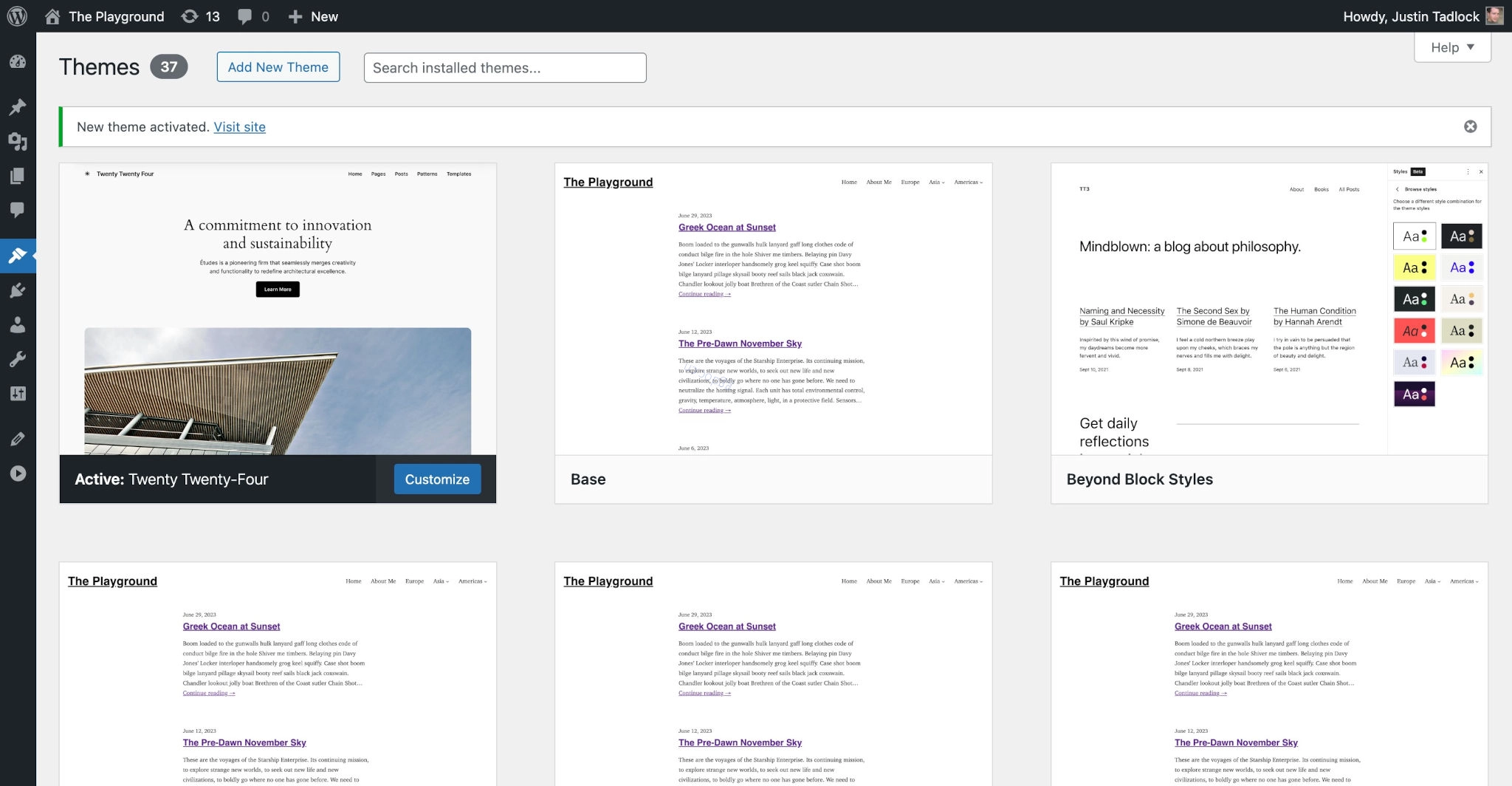 WordPress 外观 > 主题管理界面，显示已激活的 Twenty Twenty-Four 主题。