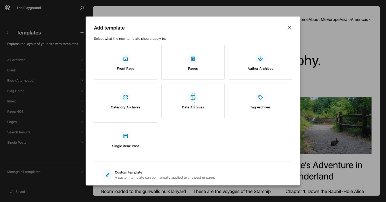 模板 WordPress 添加模板模态框覆盖站点编辑器。