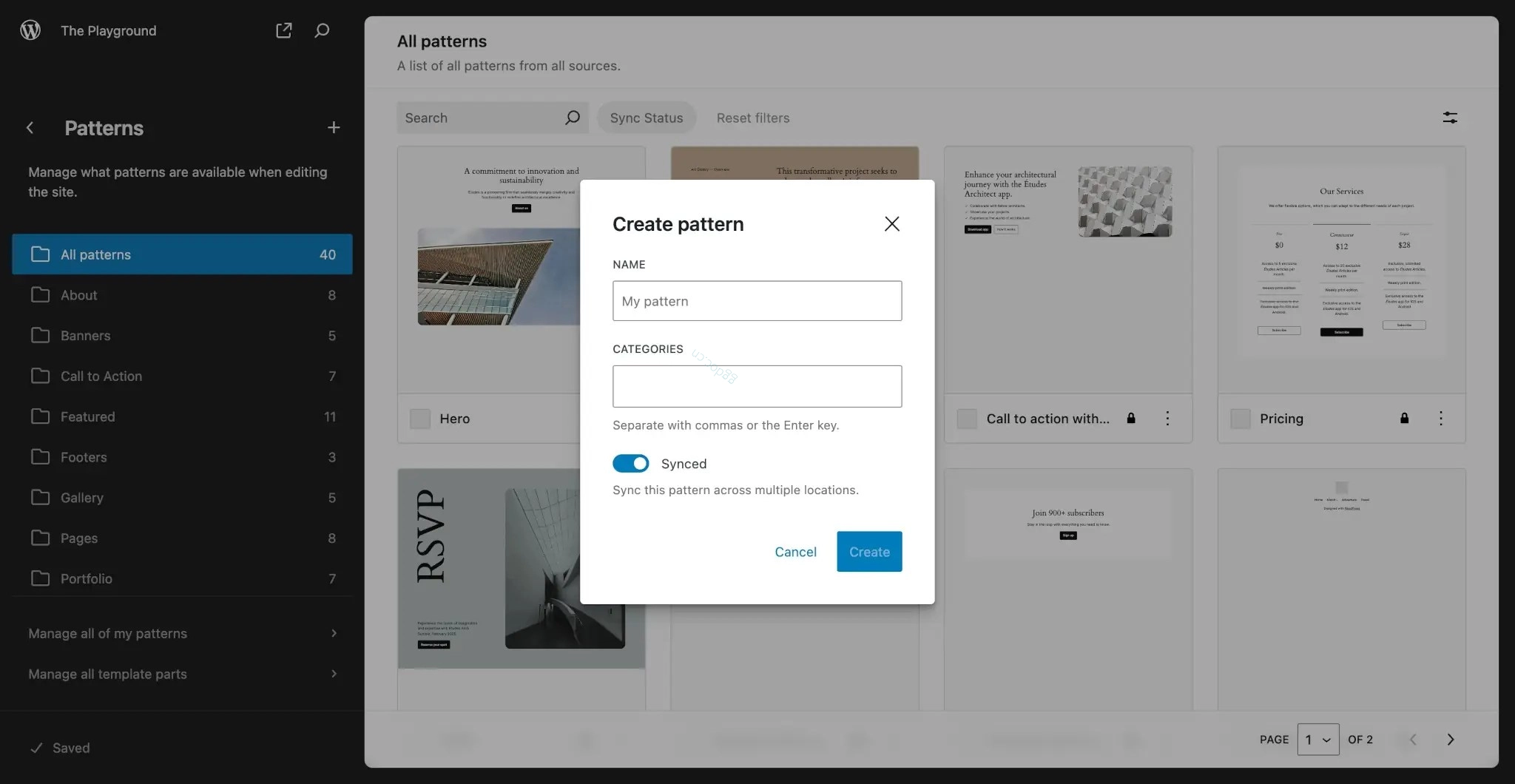 模式简介 WordPress 模式库,带有“创建模式”模态框覆盖屏幕。它具有名称、类别和同步字段。