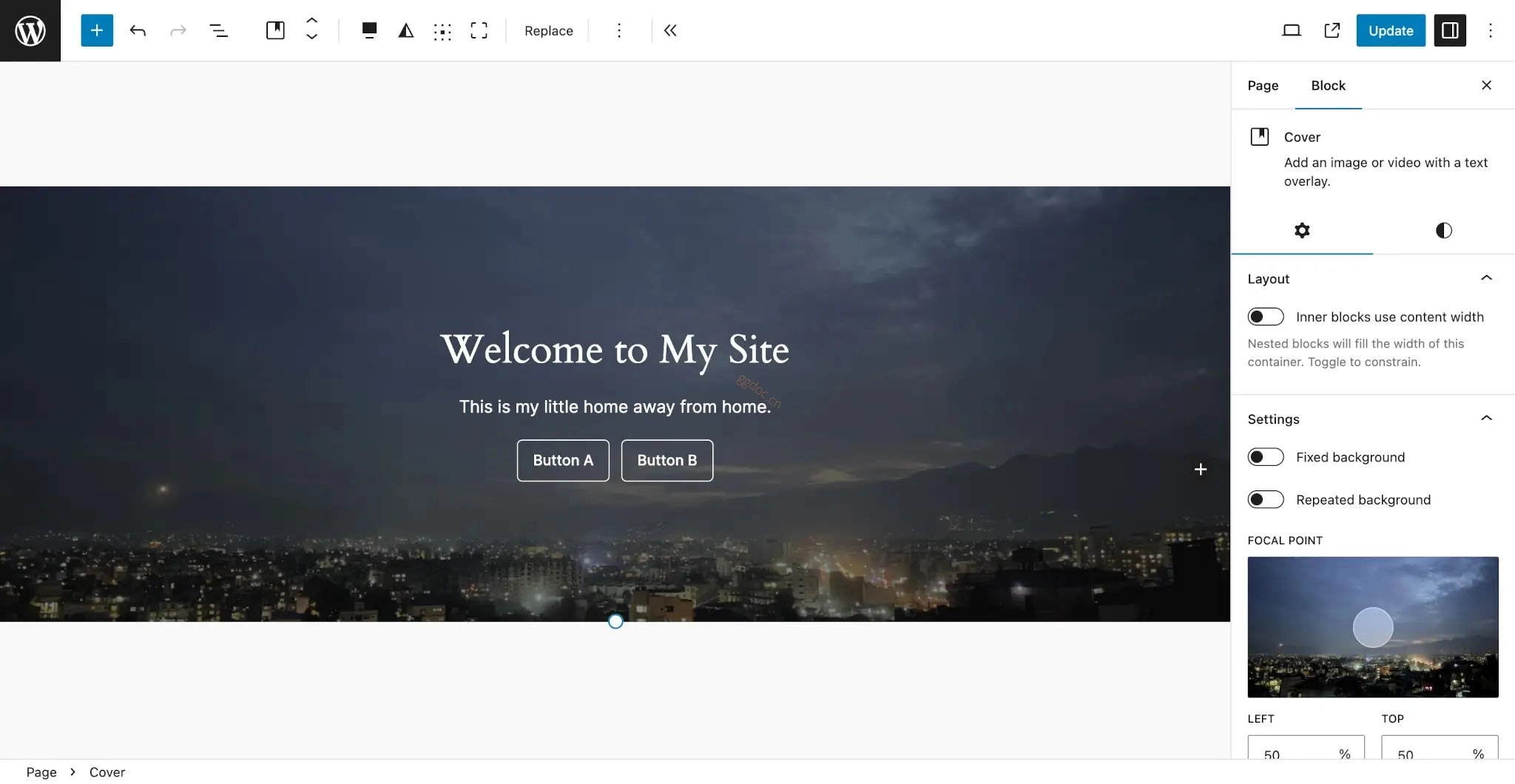 在模式中使用PHP WordPress 文章编辑器,Cover 块的背景为夜间城市图片,背景上覆盖有欢迎文字和按钮。