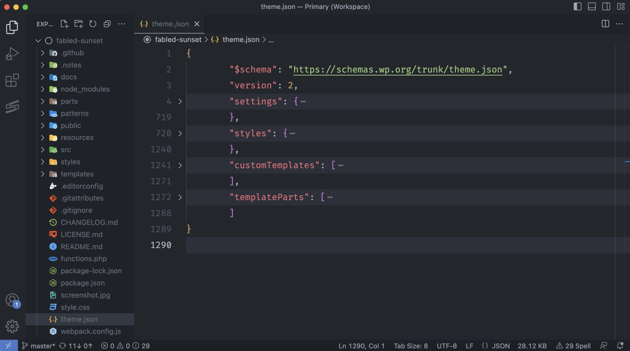 主题结构 Visual Studio Code 编辑器显示主题文件和文件夹的结构。在代码区域中,显示了一个 theme.json 文件。