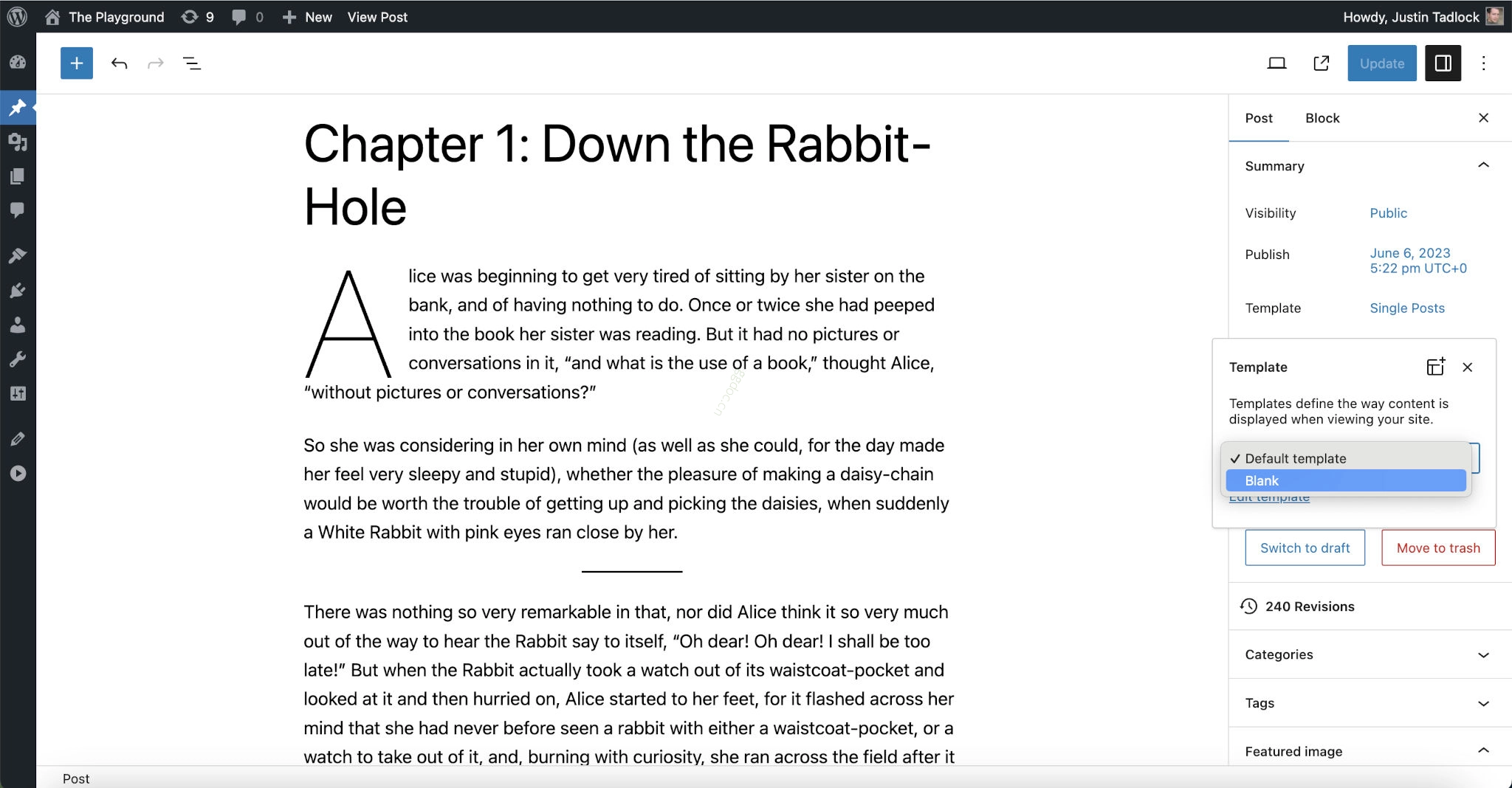 模板 带有模板选项在侧边栏中打开的 WordPress 帖子编辑器。空白模板选项被突出显示。