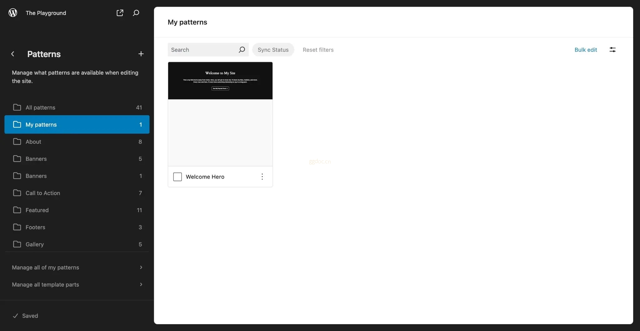 模式简介 WordPress 模式库,带有“我的模式”子面板选中。它显示了一个由用户创建的模式。