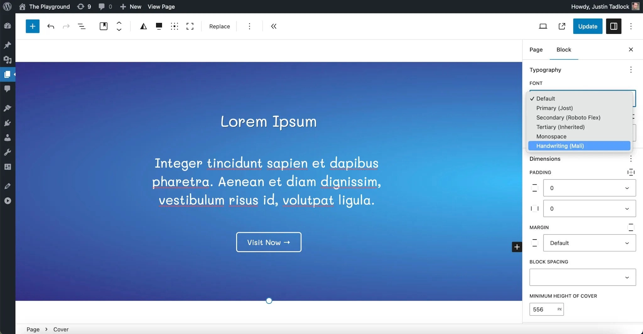 排版 WordPress post editor with a Cover block with inner blocks nested. In the sidebar, the Font dropdown is shown.