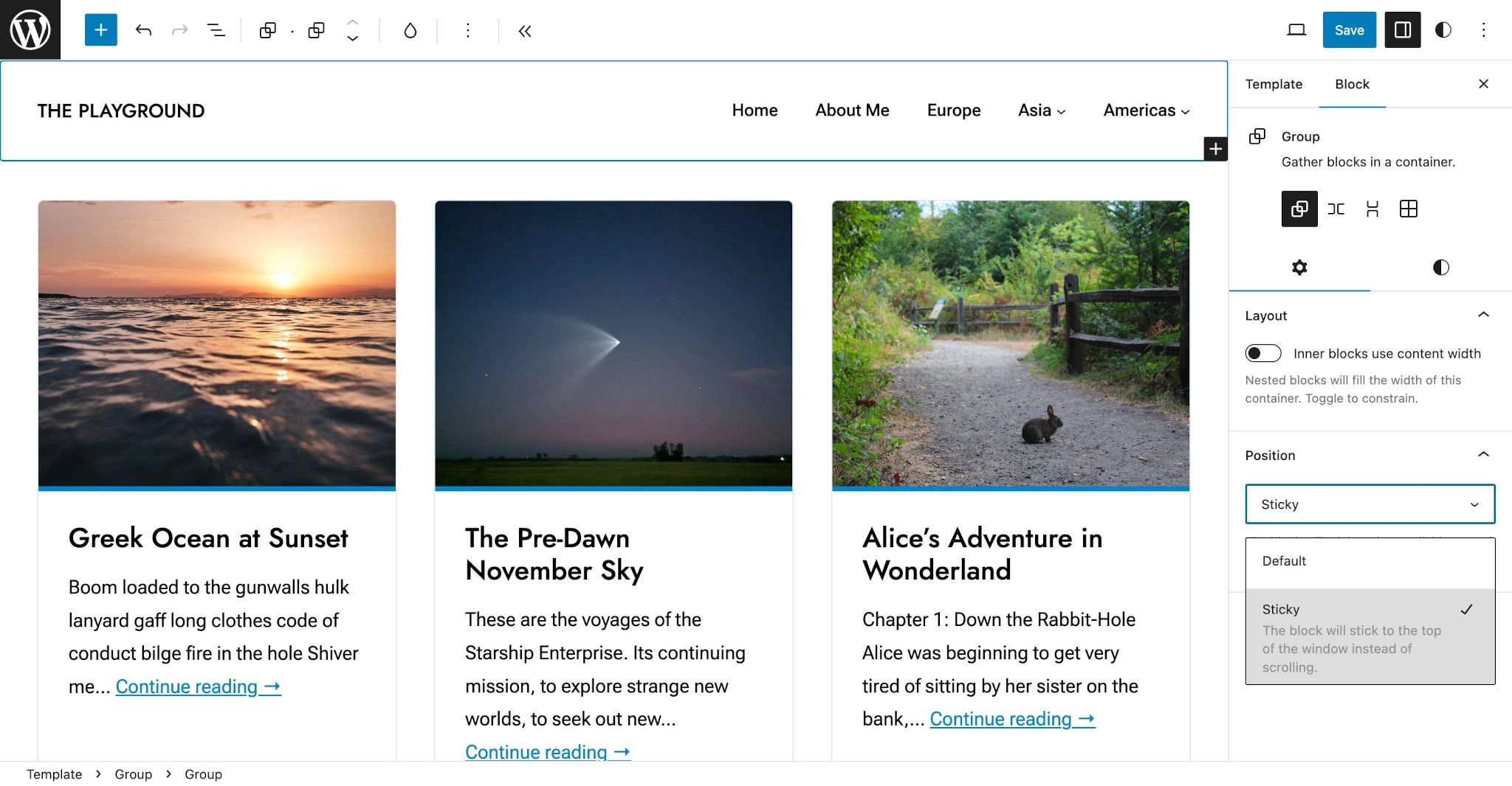 位置 WordPress 站点编辑器,已选择 Header 模板部分。在右侧边栏中,Position 设置选择了 Sticky 选项。
