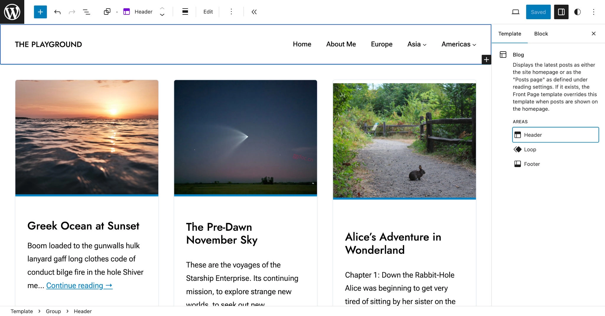 模板组件 WordPress 站点编辑器显示一个具有三列帖子网格的模板。在侧边栏中,头部区域被选中。