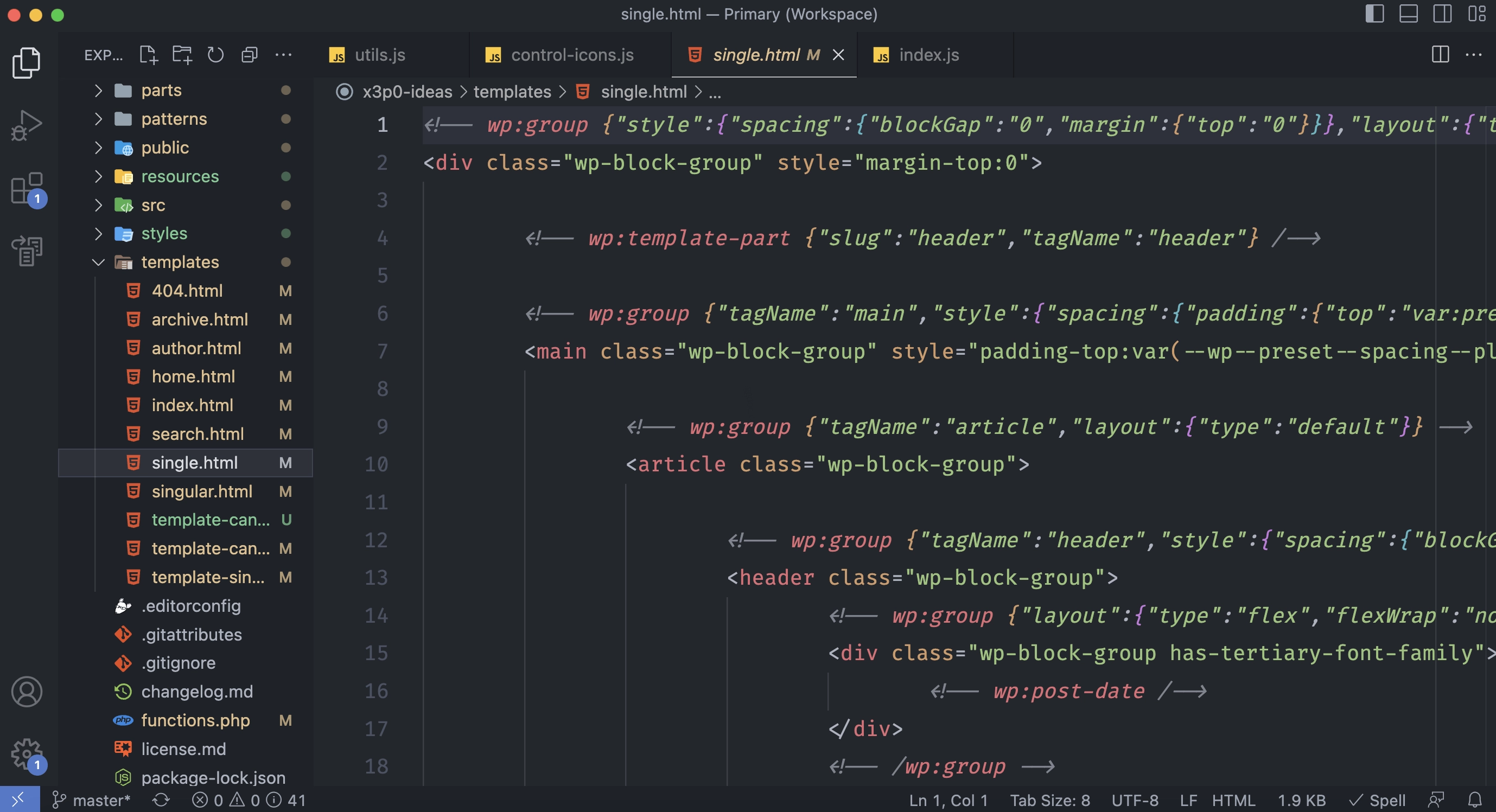 工具和设置 Visual Studio Code 编辑器程序,打开主题的 single.html 文件,显示块标记。