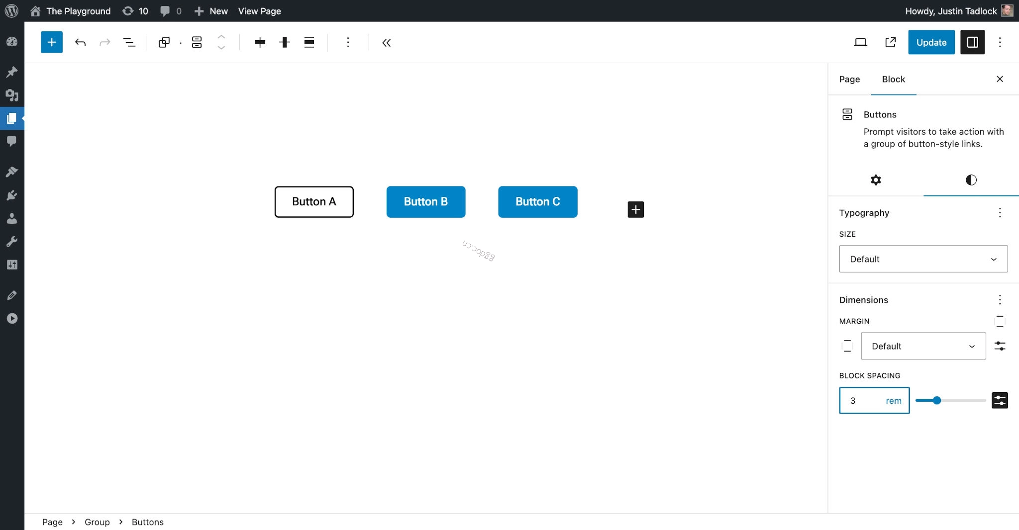 间距 Three buttons in the post editor. In the sidebar, the Block Spacing option is shown.