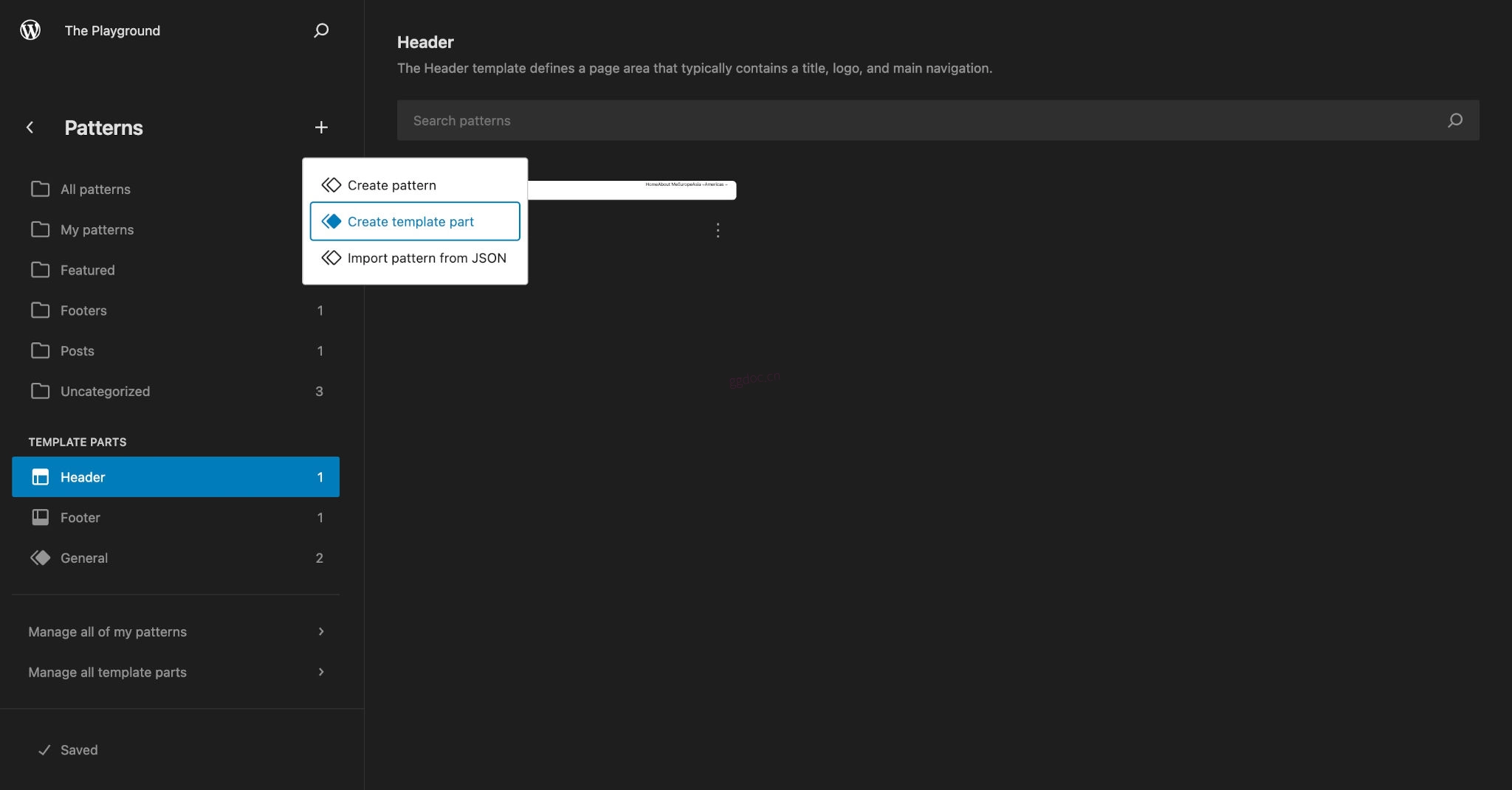模板组件 WordPress 图案库。显示一个下拉菜单,其中突出显示了创建模板部分选项。