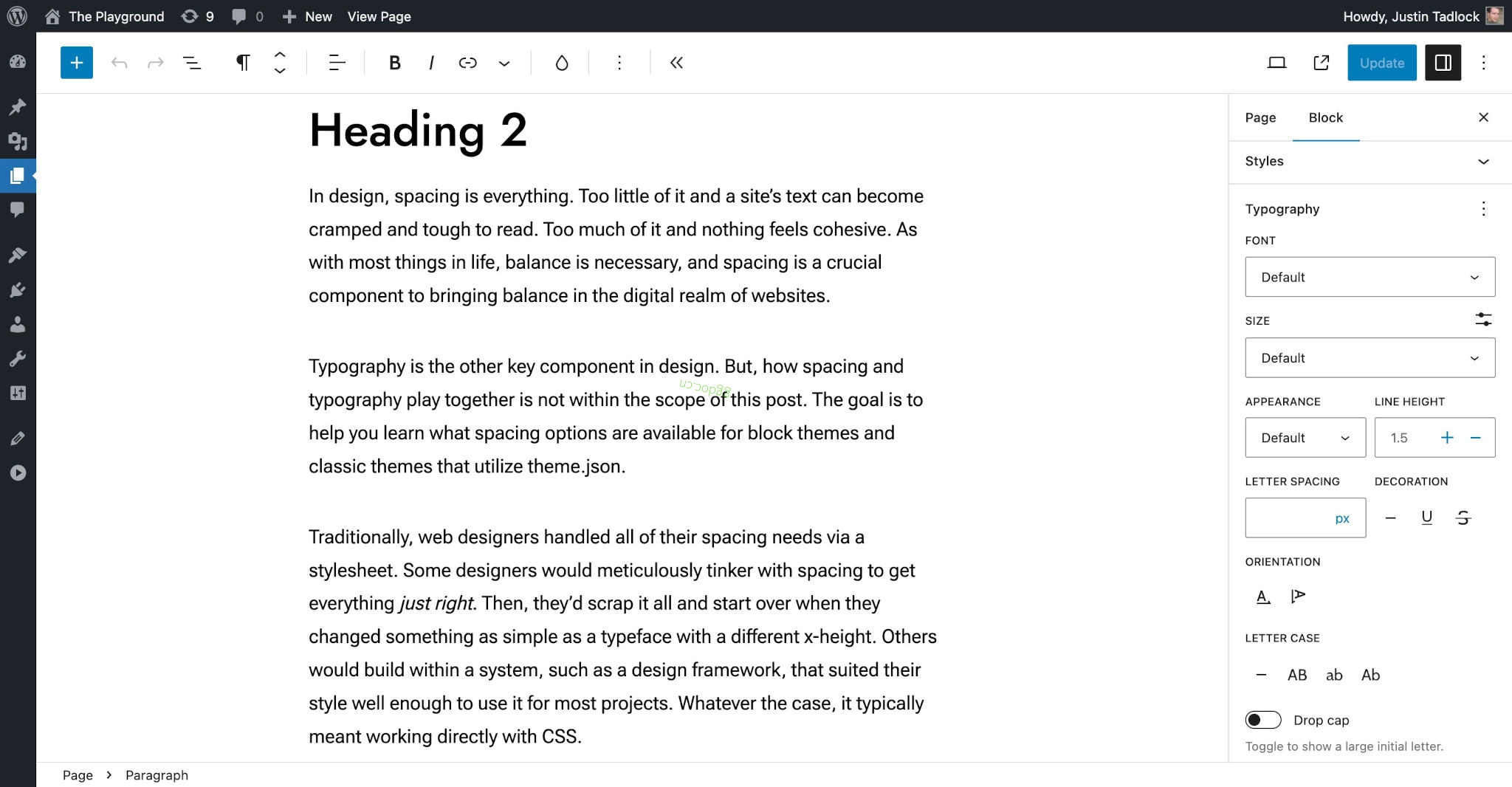 排版 WordPress post editor with a Heading and multiple Paragraph blocks inserted. In the right sidebar, nearly every typography option is shown.