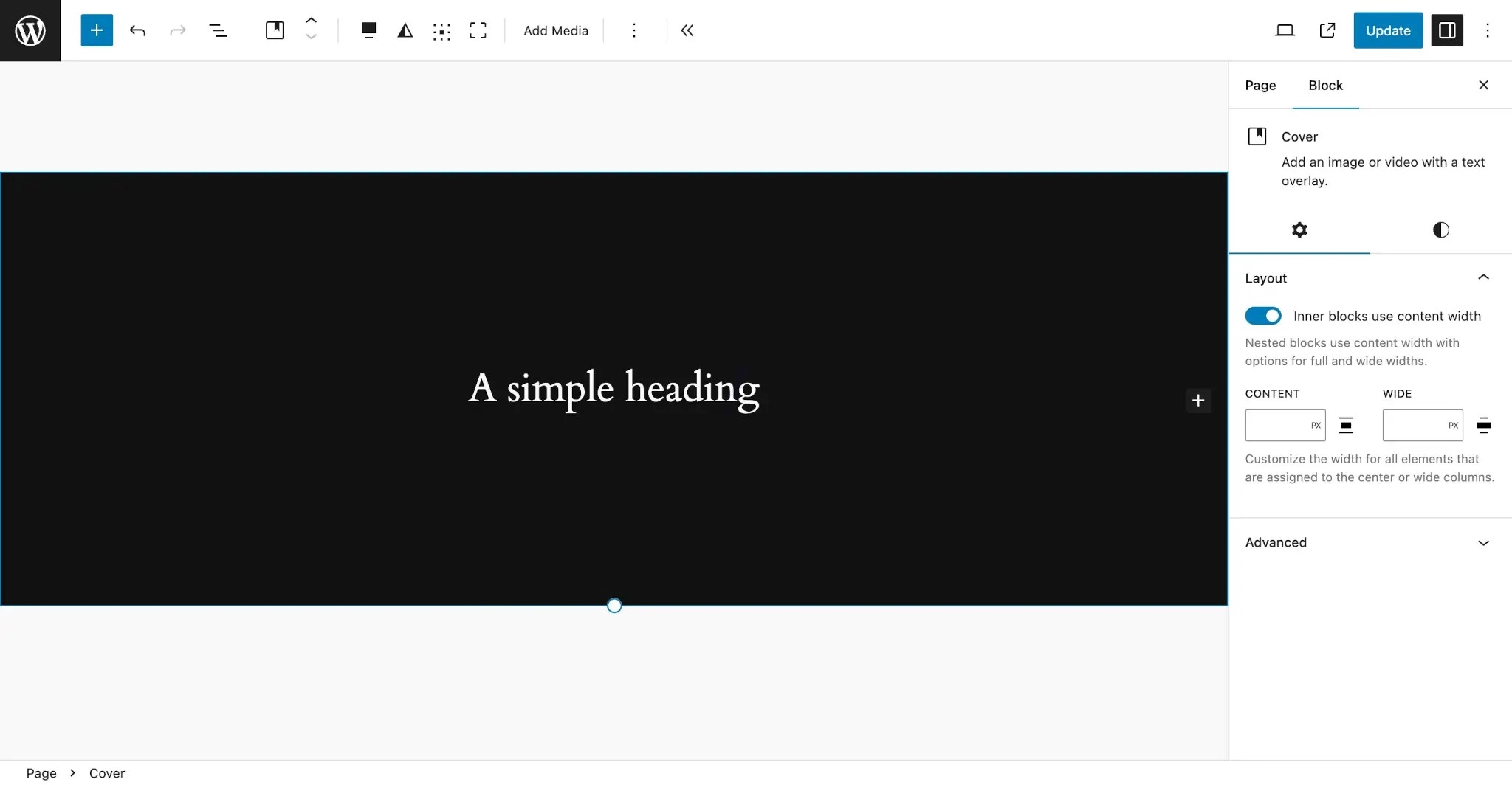 块类型模式 WordPress 帖子编辑器,内容区域中插入一个封面块,其中嵌套单个标题块。
