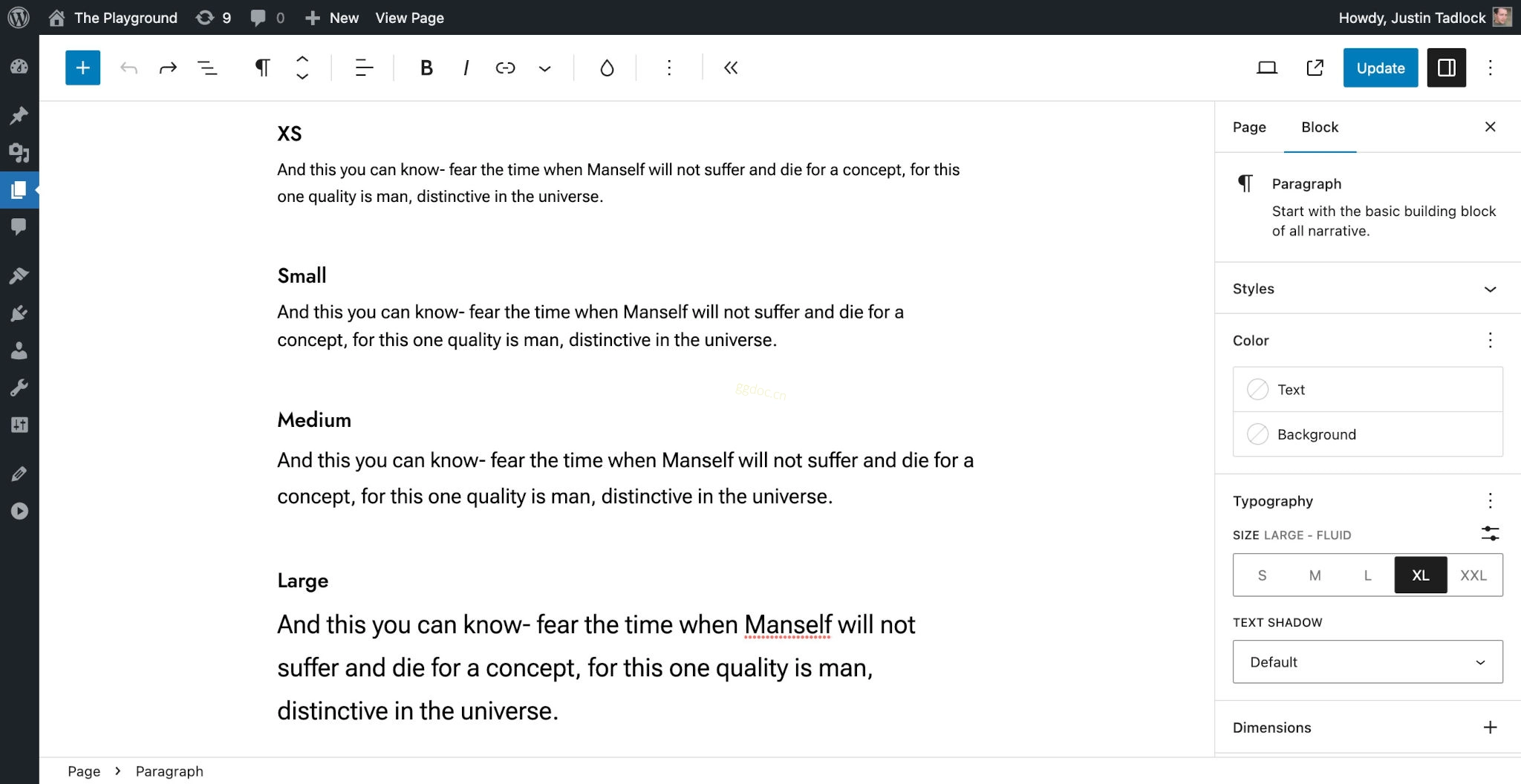 排版 WordPress post editor showing multiple paragraphs with different font sizes.