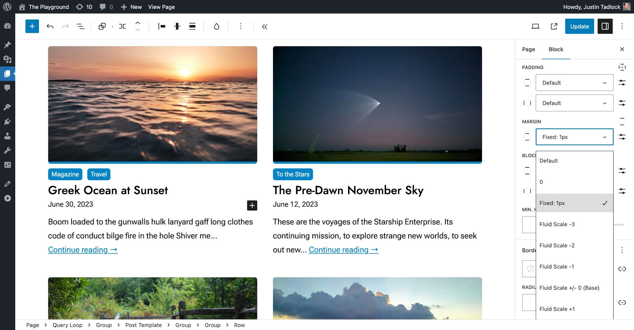 间距 WordPress editor with a Query Loop block. In the sidebar, the Margin dropdown is shown.