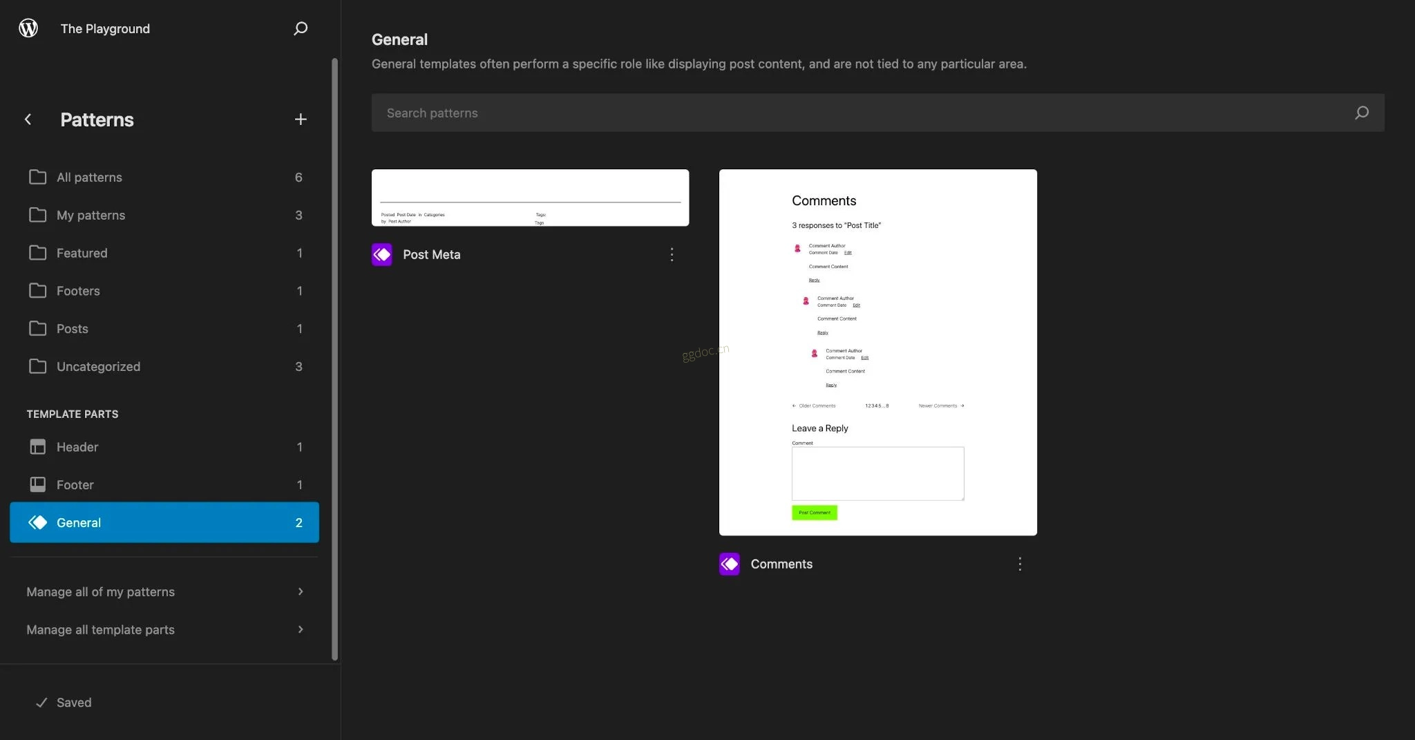 模板组件 WordPress 模板部分部分在站点编辑器中的图案库下。屏幕上显示了帖子元数据和评论部分。