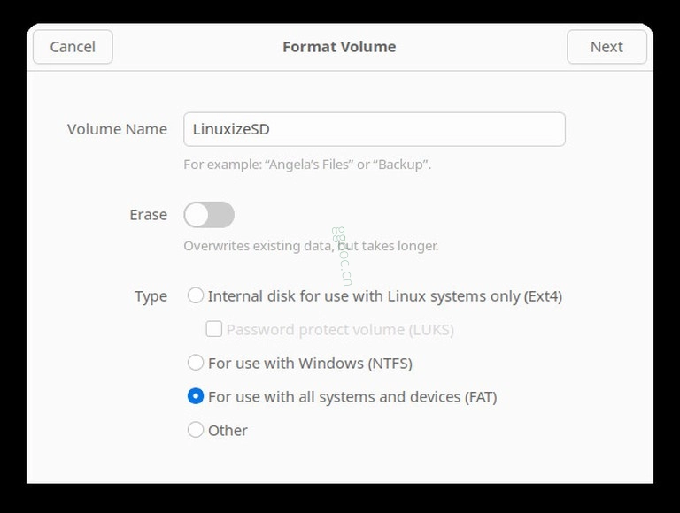 如何在 Linux 上格式化 USB 闪存盘和 SD 卡 GNOME Disks 格式化卷对话框,文件系统类型设置为 FAT 用于跨平台使用
