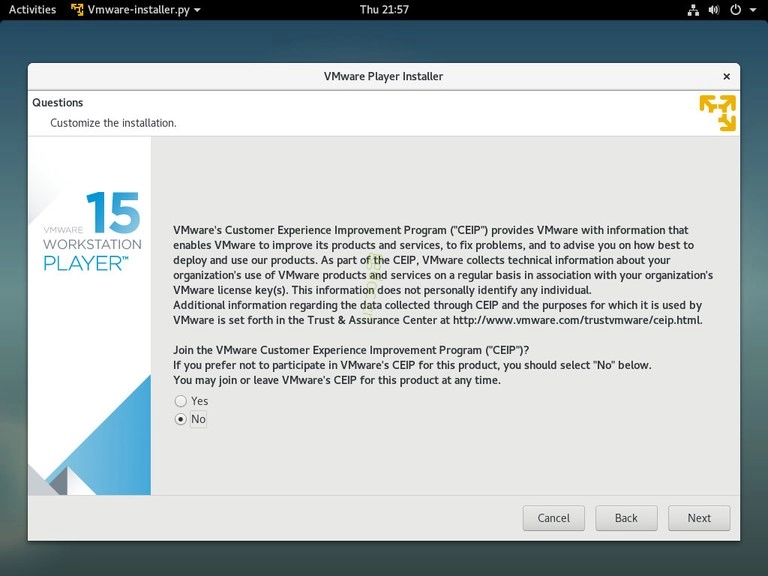 如何在 Debian 9 上安装 VMware Workstation Player debian vmware ceip