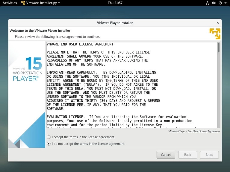 如何在 Debian 9 上安装 VMware Workstation Player debian vmware 接受许可