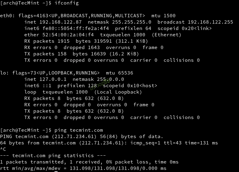 如何在 Arch Linux 上安装 Nginx、PHP、MariaDB 和 PhpMyAdmin 确认网络连接