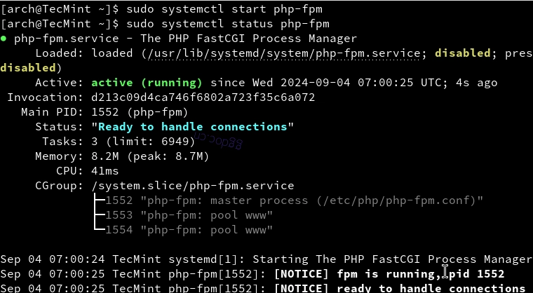 如何在 Arch Linux 上安装 Nginx、PHP、MariaDB 和 PhpMyAdmin 在 Arch Linux 中启动 PHP