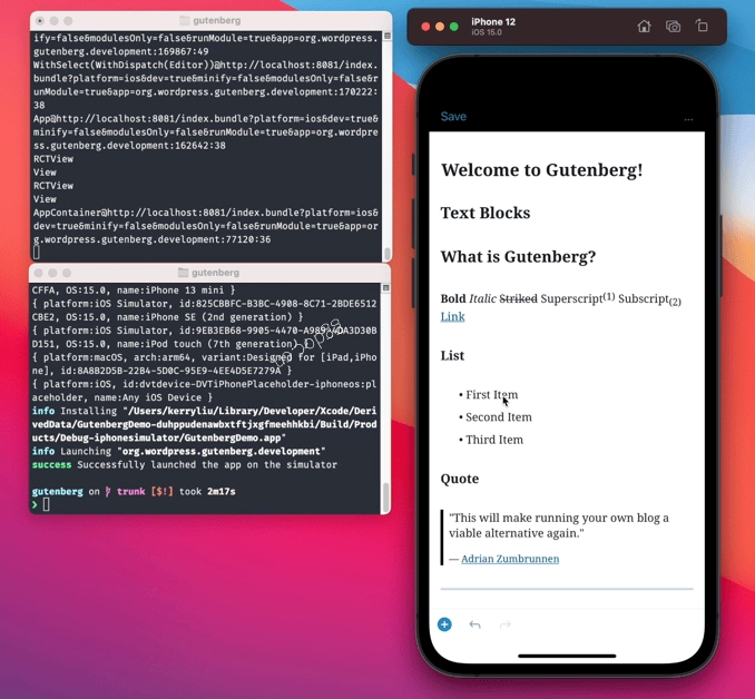 React Native 开发环境配置指南(macOS) iOS 模拟器中的块编辑器截图。