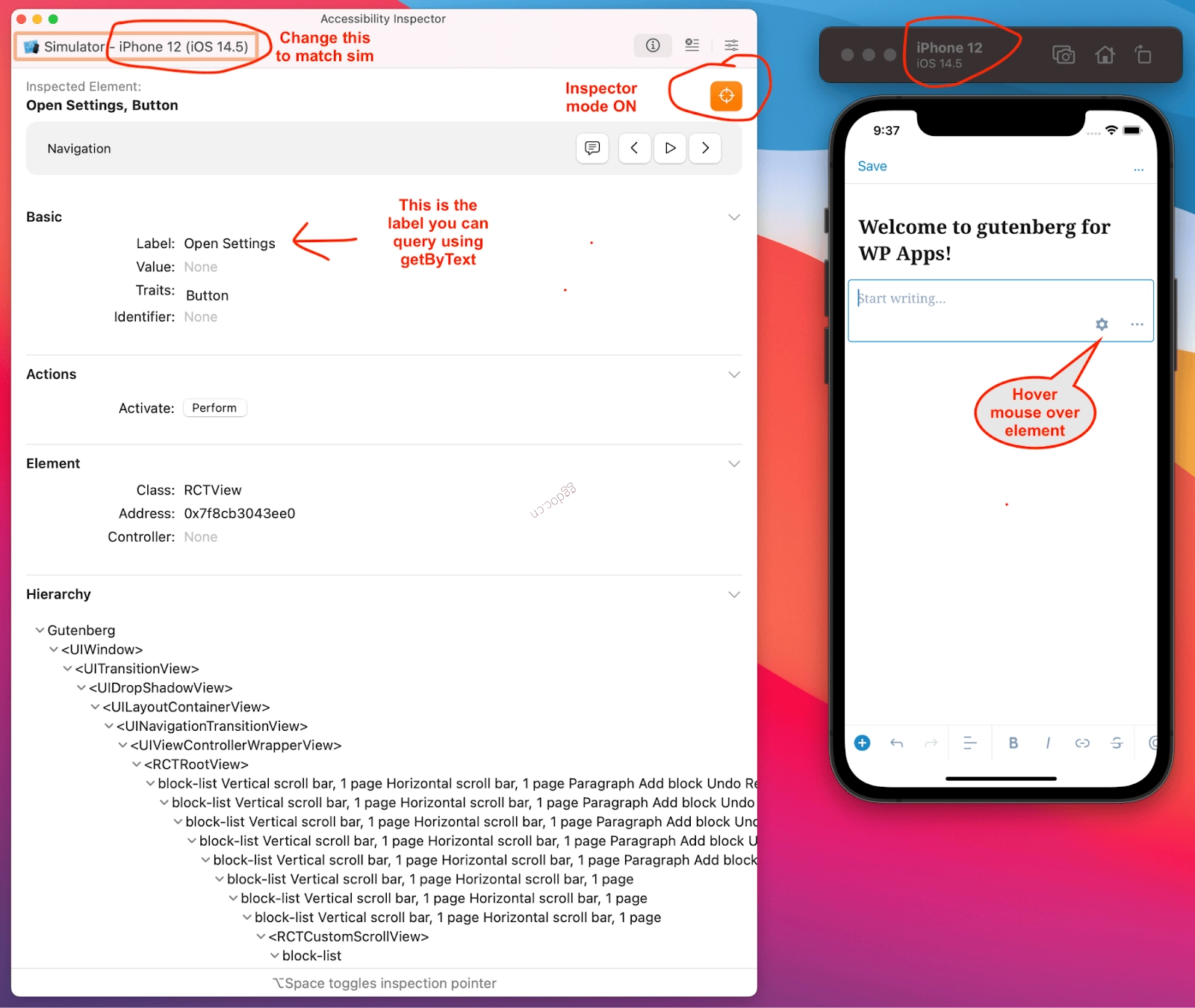 React Native 集成测试指南 Xcode Accessibility Inspector 应用的截图。截图显示了如何在设备下拉菜单中选择正确的目标,启用目标模式,以及在点击屏幕元素后定位无障碍标签