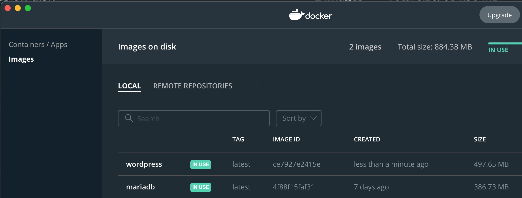 代码贡献入门 WordPress 开发环境已下载的 Docker 镜像截图