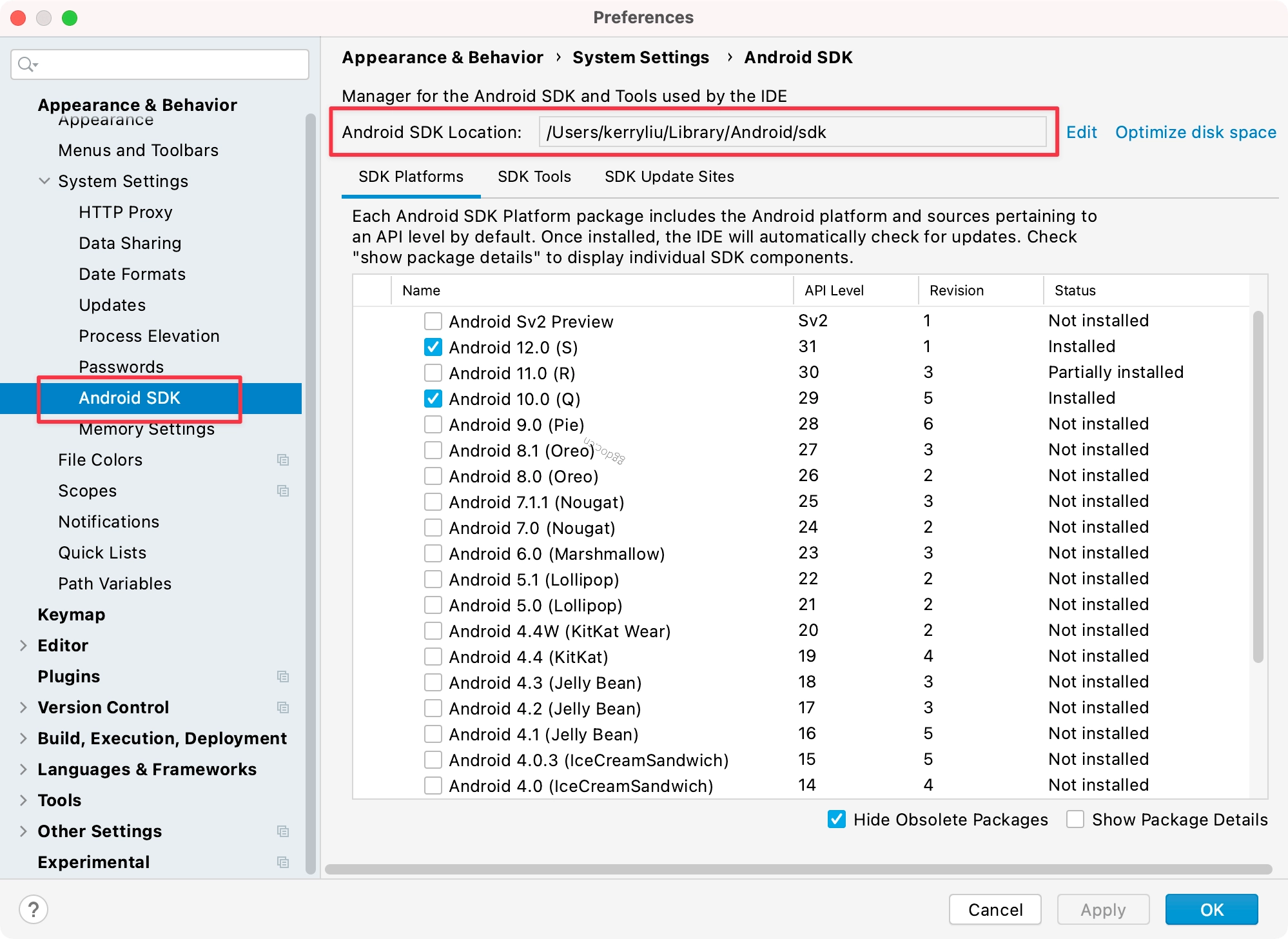 React Native 开发环境配置指南(macOS) Android Studio 中查找 SDK Path 位置的截图。