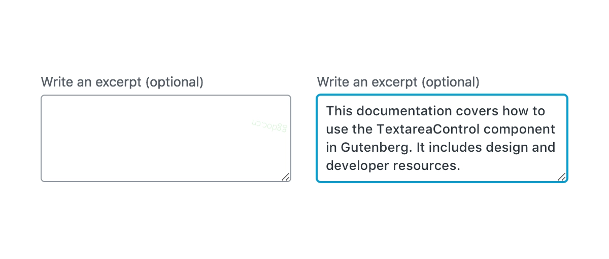 多行文本控件 一个空的 TextareaControl,以及一个带有已输入内容的聚焦状态的 TextareaControl。