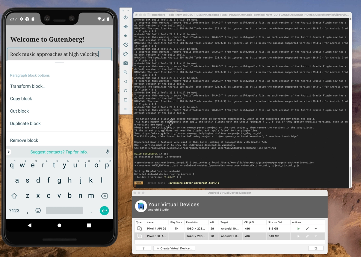 React Native 开发环境配置指南(macOS) Android 模拟器中区块编辑器集成测试的截图。