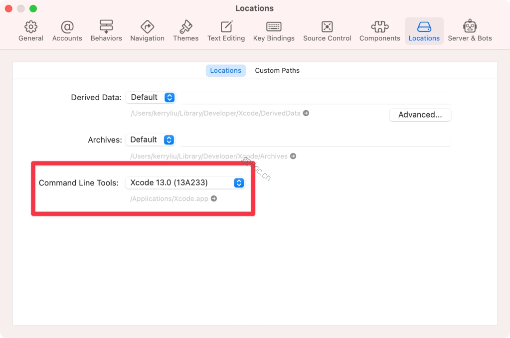 React Native 开发环境配置指南(macOS) Xcode 命令行工具设置的截图。