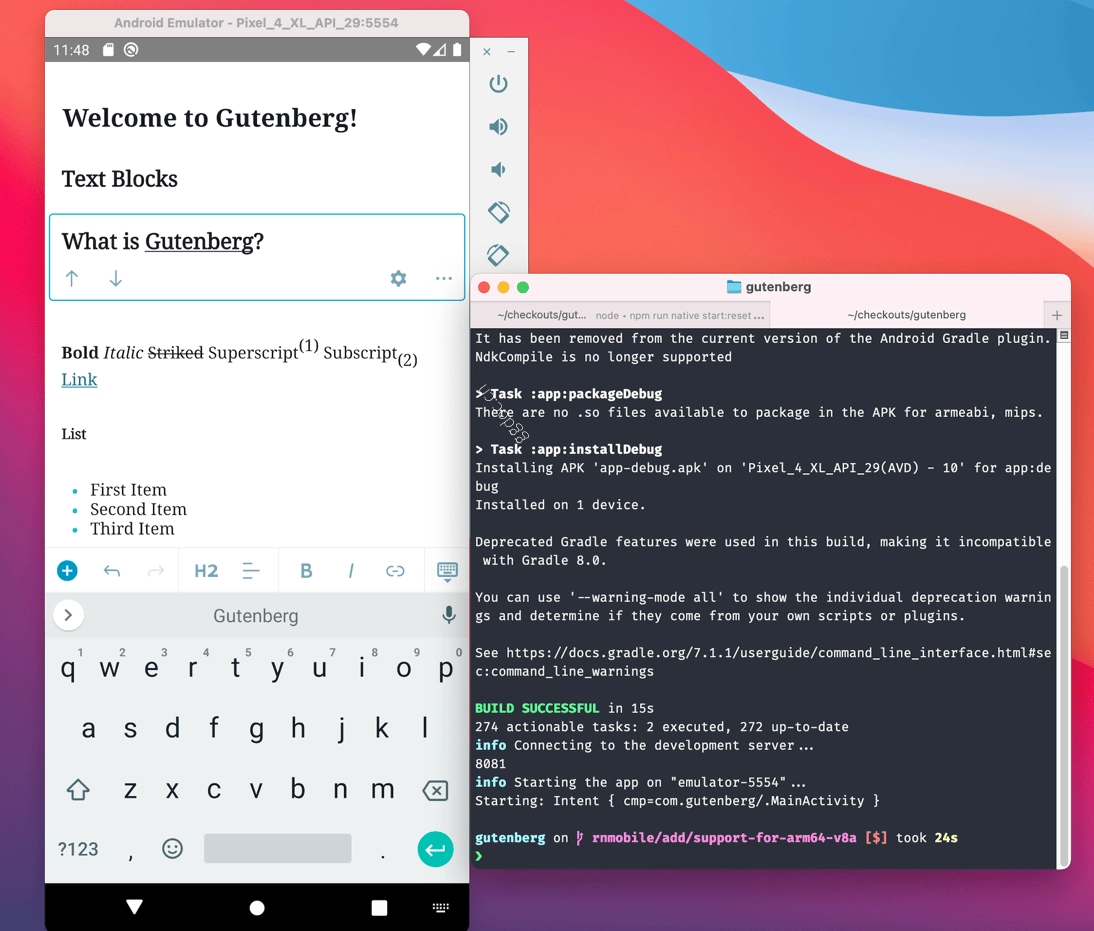 React Native 开发环境配置指南(macOS) Android 模拟器中的块编辑器截图。