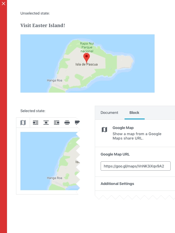区块设计 一个 Google Maps 区块,其核心控件被移到了侧边栏中,在那里它们可能会根据上下文被隐藏