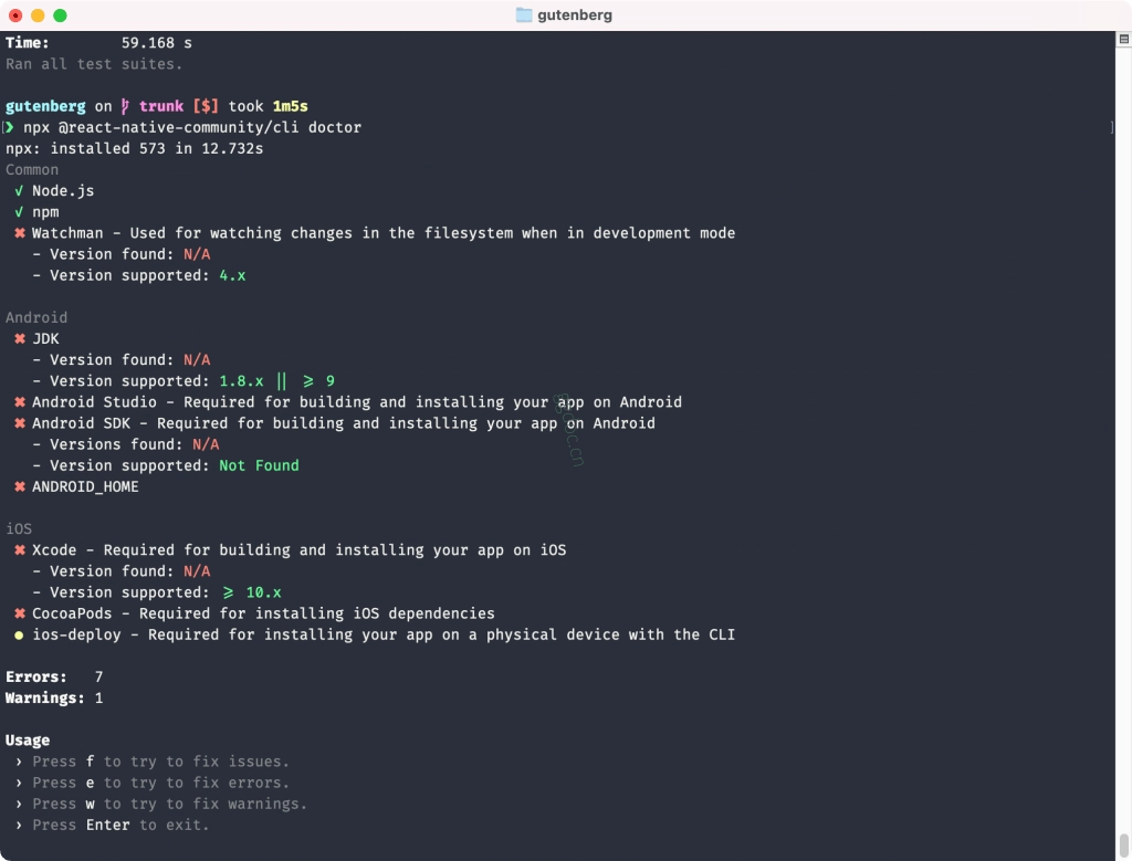 React Native 开发环境配置指南(macOS) react-native-community/cli doctor 工具在终端中运行的截图。
