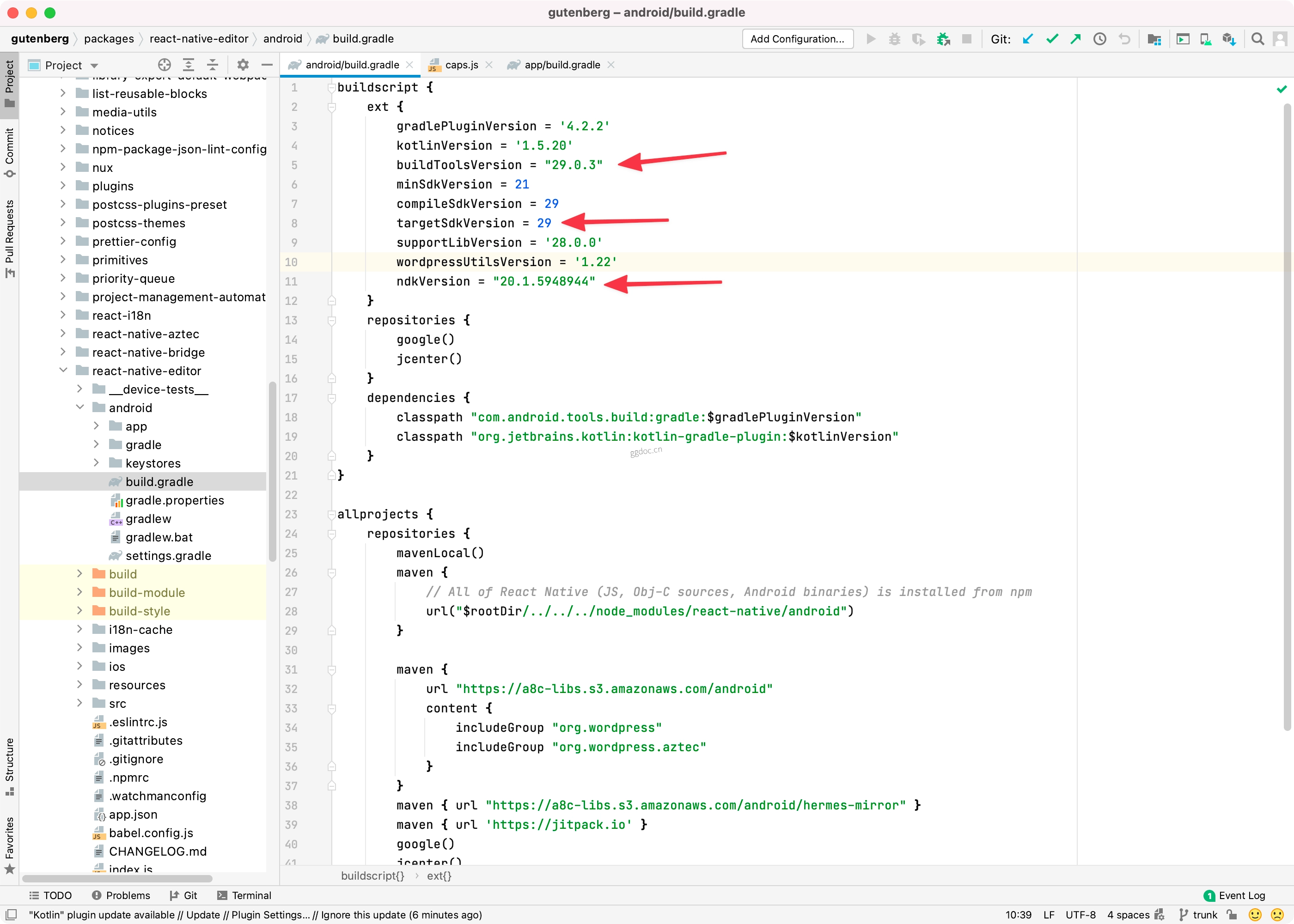 React Native 开发环境配置指南(macOS) build.gradle 配置文件的截图。