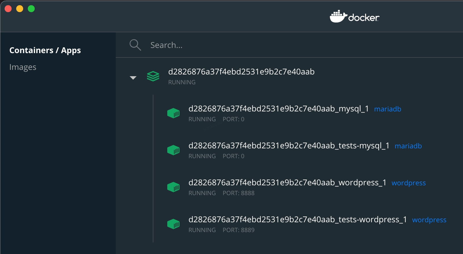 代码贡献入门 正在运行的 WordPress Docker 容器截图