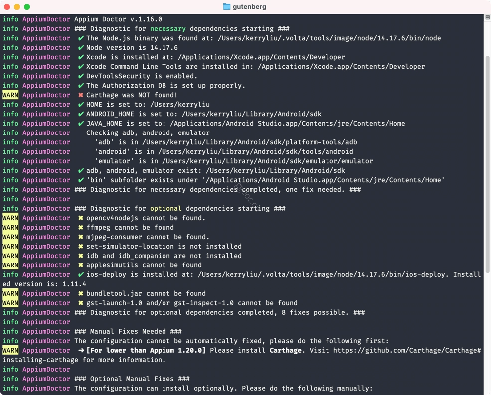 React Native 开发环境配置指南(macOS) appium-doctor 工具在终端中运行的截图。