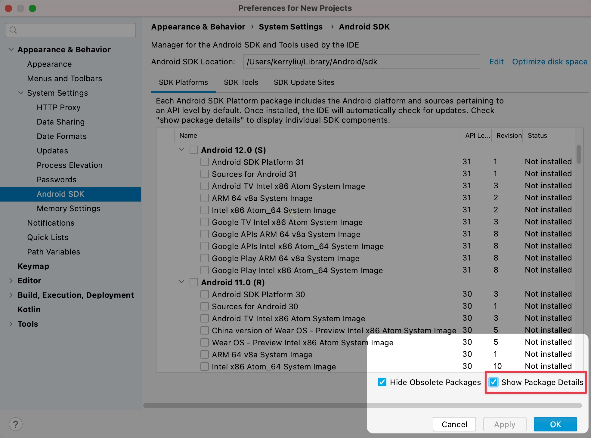 React Native 开发环境配置指南(macOS) Android Studio 中软件包管理器的截图,突出了 Show Package Details 复选框。
