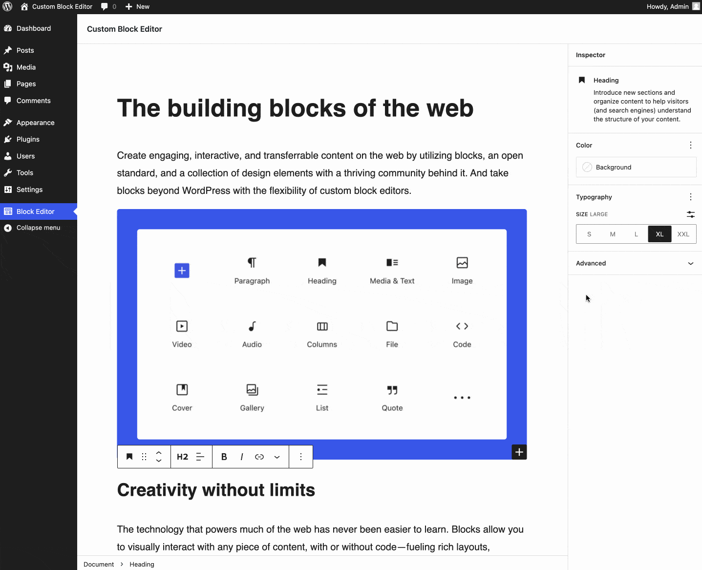 构建自定义区块编辑器 WordPress 自定义块编辑器界面,包含各种内容块和编辑选项