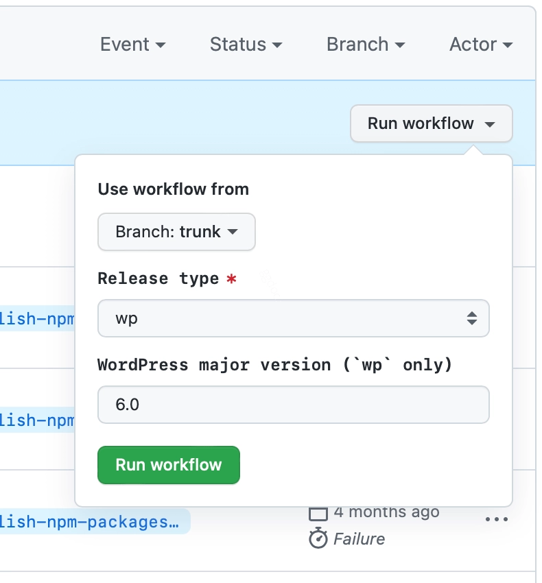 软件包发布至 NPM 以及 WordPress 核心更新 npm 发布的 Run workflow 下拉菜单
