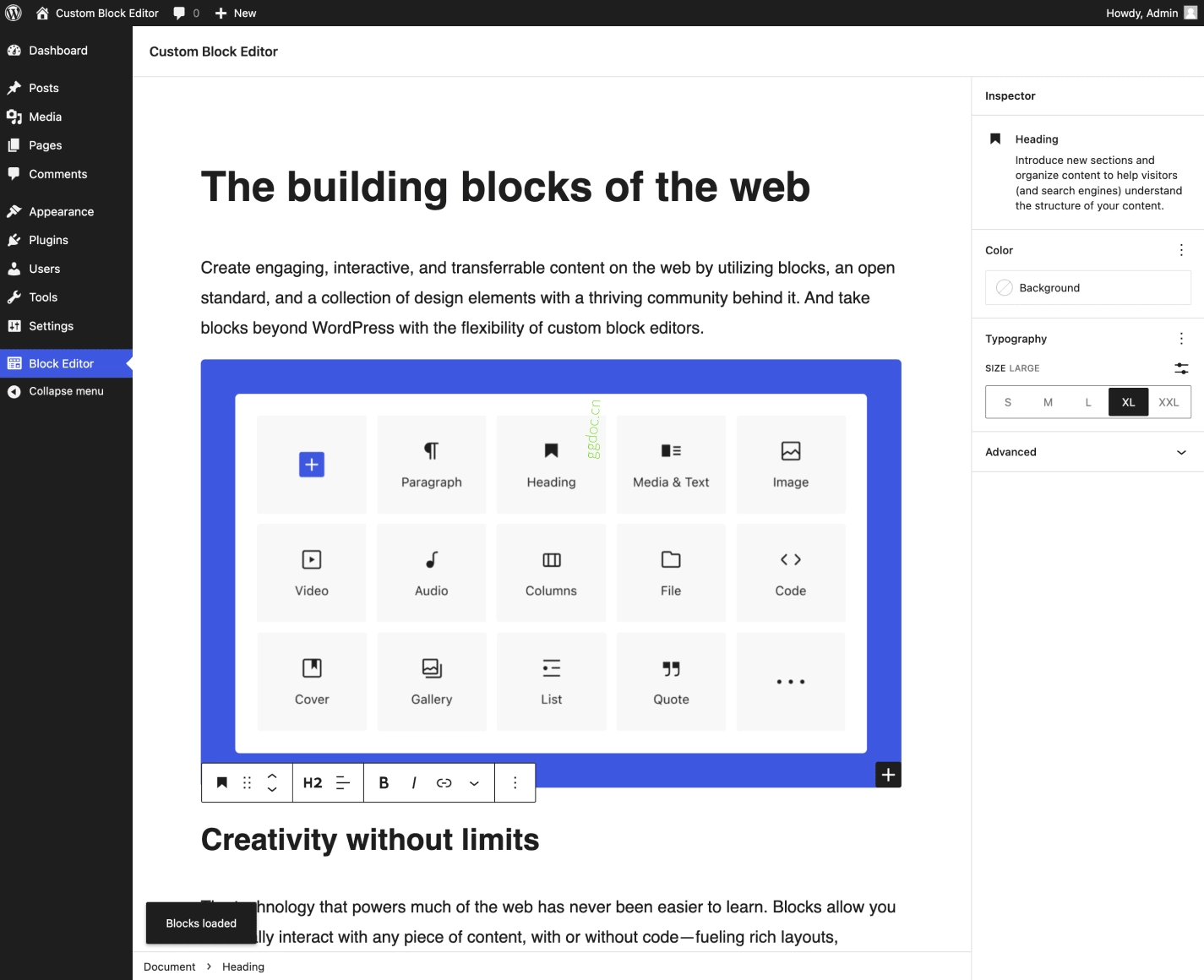 构建自定义区块编辑器 显示内容区块和编辑选项的 WordPress 区块编辑器