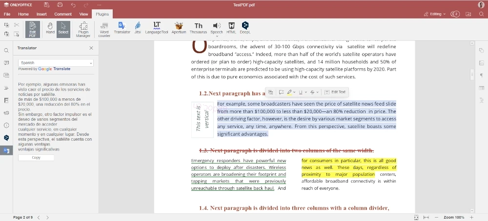 在ONLYOFFICE PDF Editor中进行翻译