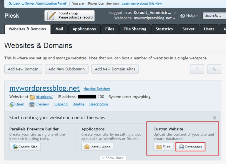 为 WordPress 创建数据库 突出显示 Custom Website 框且 databases 按钮高亮的 Plesk 面板