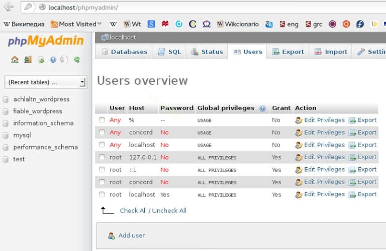 为 WordPress 创建数据库 选中的 phpMyAdmin Users 标签页